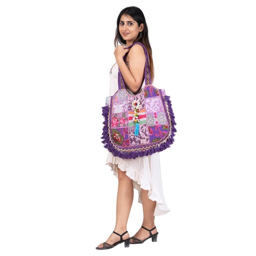 PREET SPICE Rajasthani Patchwork Tote Bag, Handcrafted Purple Boho Chic-Cross Body Hand Bag For Women view 7
