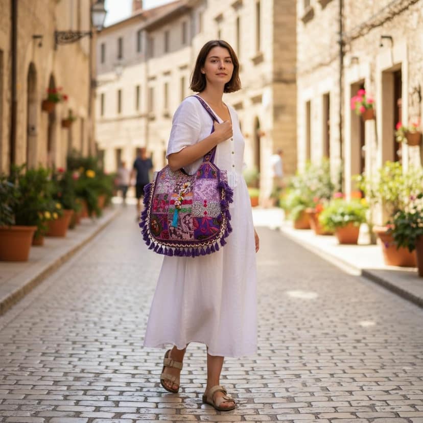 PREET SPICE Rajasthani Patchwork Tote Bag, Handcrafted Purple Boho Chic-Cross Body Hand Bag For Women view 8