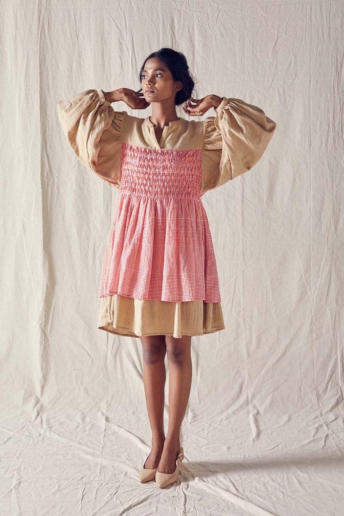 Honeycomb Detail Dress In Beige Organic Cotton And Red Checks Cotton Khadi Mulmul view 2