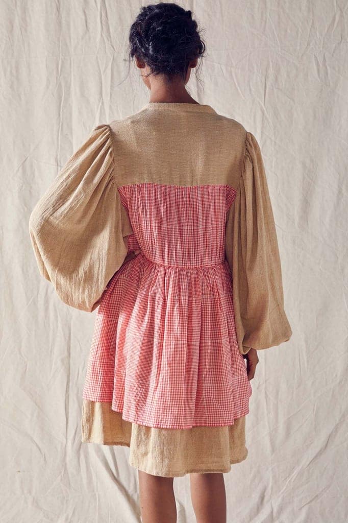 Honeycomb Detail Dress In Beige Organic Cotton And Red Checks Cotton Khadi Mulmul view 4