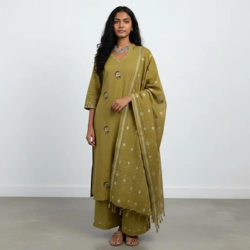 Olive Green Handloom Cotton Co-Ord Set with Mirror Work, 3-Piece