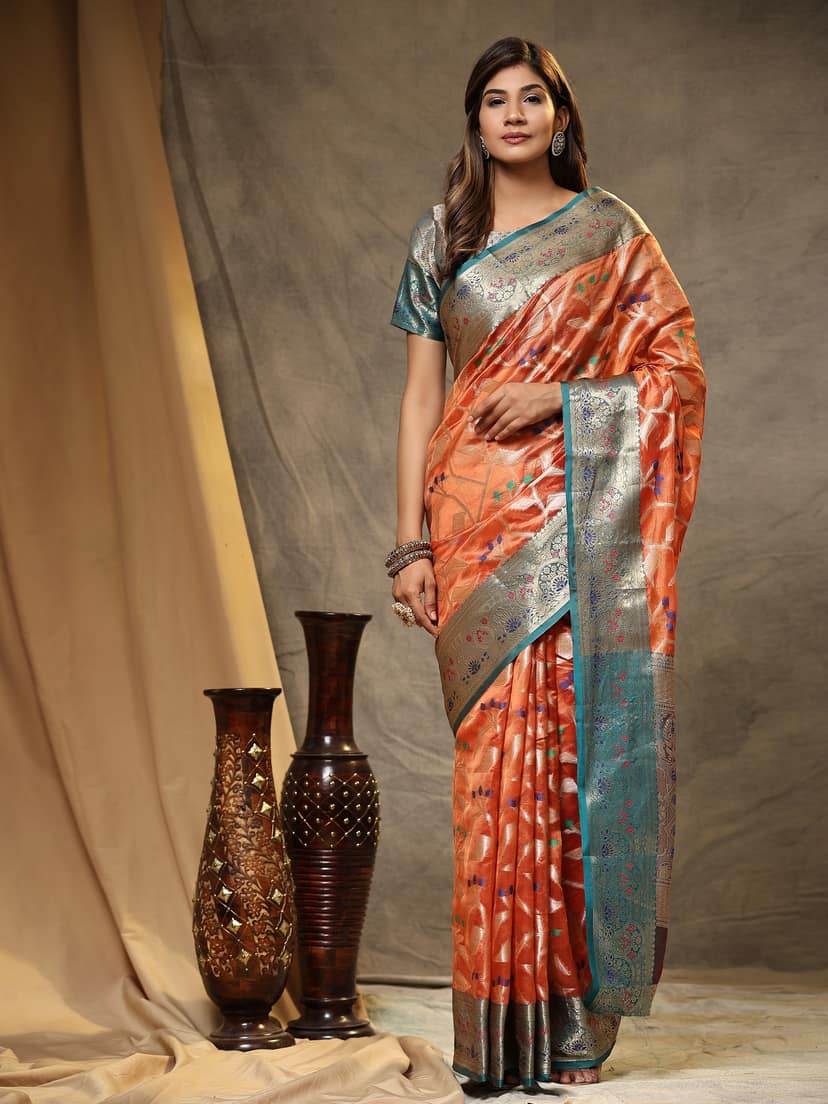 Yavira silk Women's Orange Printed Jacquard Saree