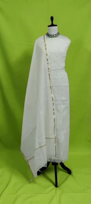 White Mul Cotton Chikankari Dress Material with Dupatta, Hand Embroidered