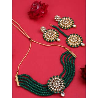 Green Crystal Kundan Full Length 4pc Bridal Choker Jewellery Set