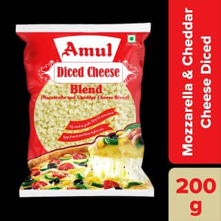 Amul Pizza Cheese Diced - Mozzarella & Cheddar Blend, 200 G Pouch