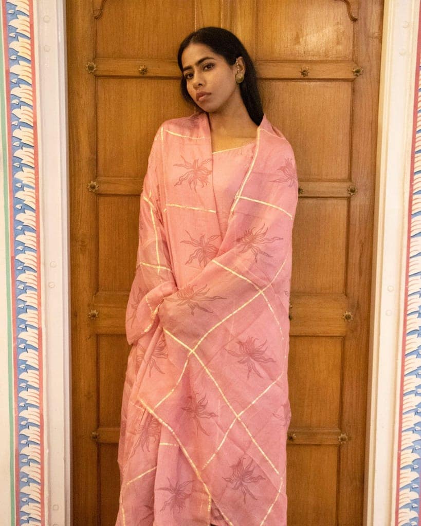 Dusty Onion Pink Silk A-Line Kurta Set by Aagaaz Jaipur view 3
