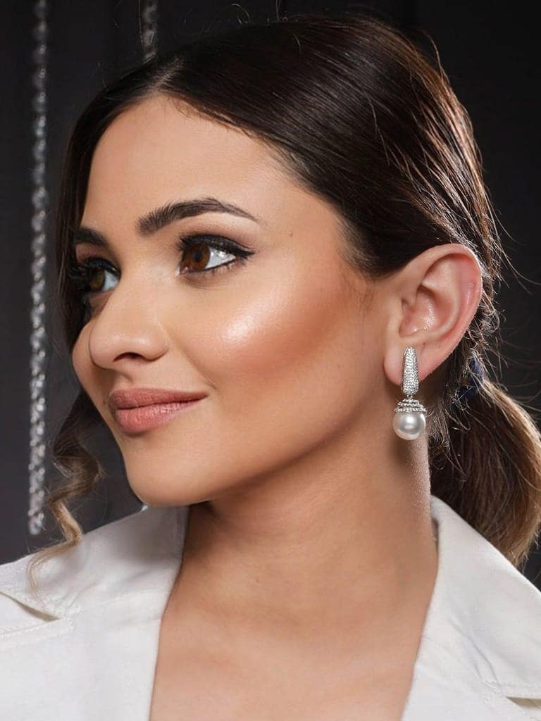Silver toned Pearl Statement Drop Minimal Drop Earrings view 2
