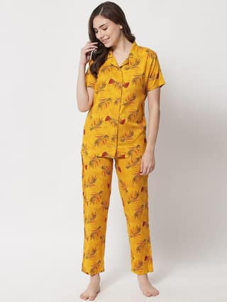 Printed Button Up Navy Nightsuit For Women With Pockets in Pyjamas N75Y0
