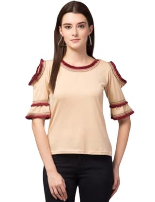 ATTIRIS Women's Rayon Solid Cold Shoulder Round Neck Regular Waist Length Top