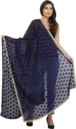 Patriot-Blue Phulkari Extra-Wide Dupatta from Punjab with Embroidered Bootis in Self-color Thread