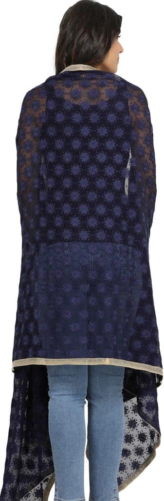 Patriot-Blue Phulkari Extra-Wide Dupatta from Punjab with Embroidered Bootis in Self-color Thread view 2