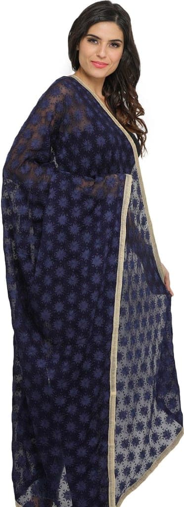 Patriot-Blue Phulkari Extra-Wide Dupatta from Punjab with Embroidered Bootis in Self-color Thread view 3