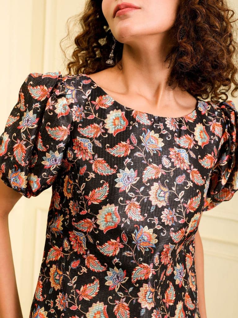 WOMEN BLACK WITH MULTI COLOR PRINTED BLENDED SILK A-LINE KURTA view 5