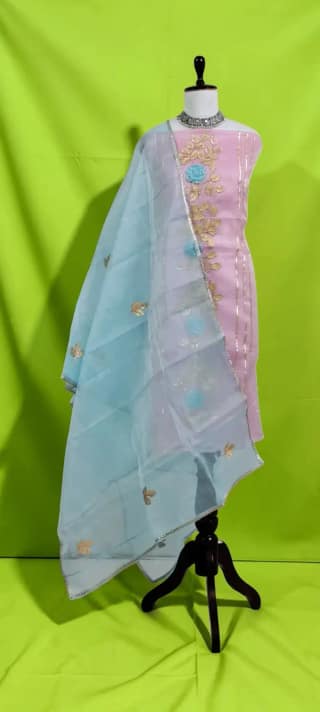 Handwoven Kota Doria Cotton-Silk Dress Material with Zari Border, Aqua