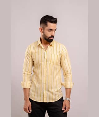 Frionkandy 100% Cotton Regular Fit Striped Full Sleeves Men's Casual Shirt - Yellow ( Pack of 1 )