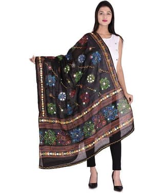 Apratim Black Cotton Aari Embroidered Dupatta