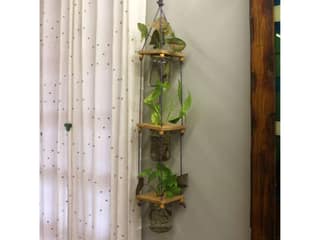 BARISH - Set of 3 Hanging Glass Jar Planters | Hanging 3 Jar Planter Handcrafted with Rubberwood | Hanging Glass Planters for Indoor and Outdoor - Sandy Brown