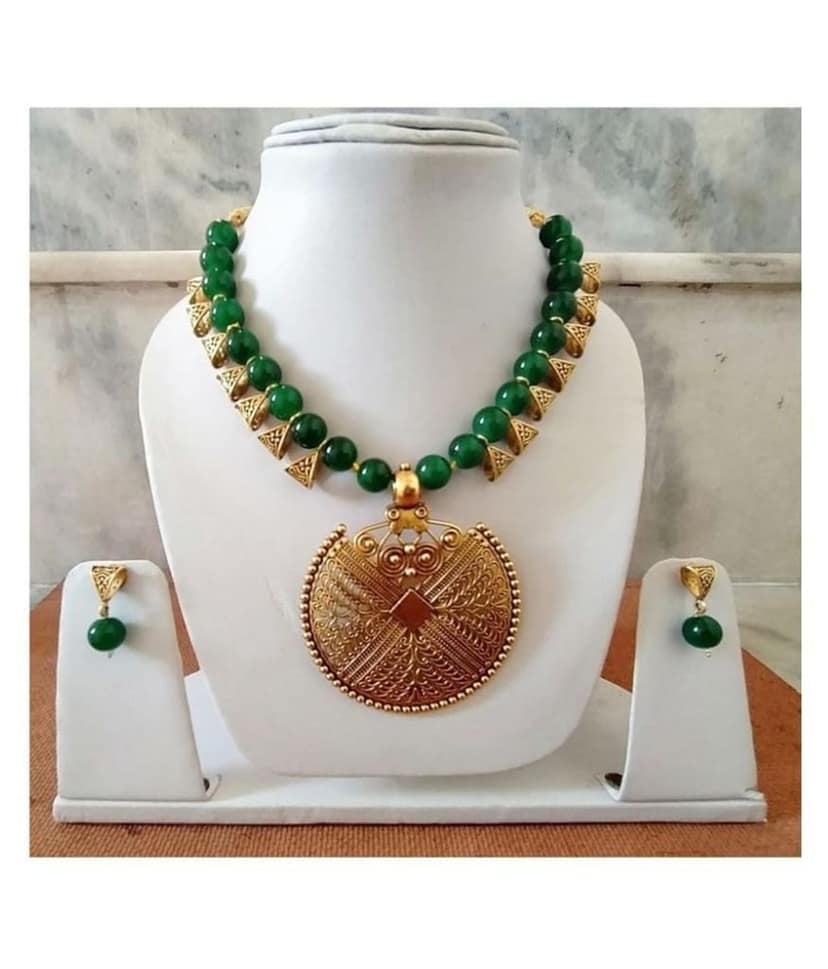 Pujvi Fashions Oxidised Green Neckalce set