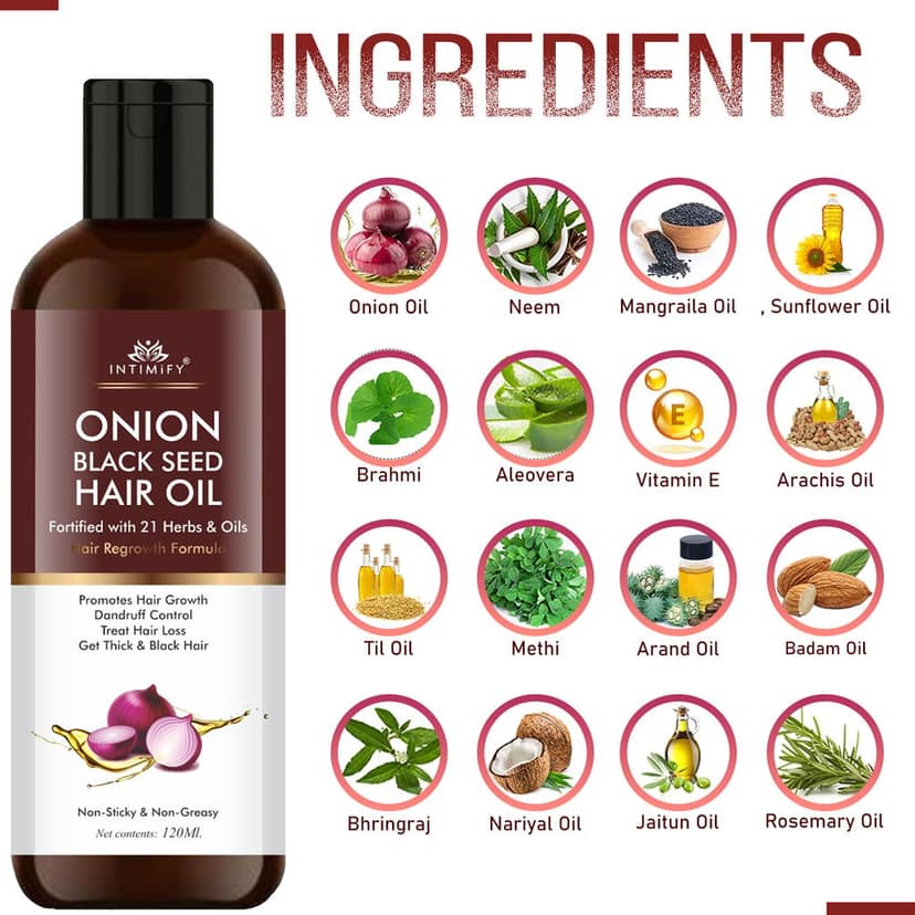 Intimify onion oil, anti dandruff oil, herbal oil, hair fall oil, red onion oil, ayurvedic oil, onion hair oil, hair growth onion oil, hair growth oil view 2