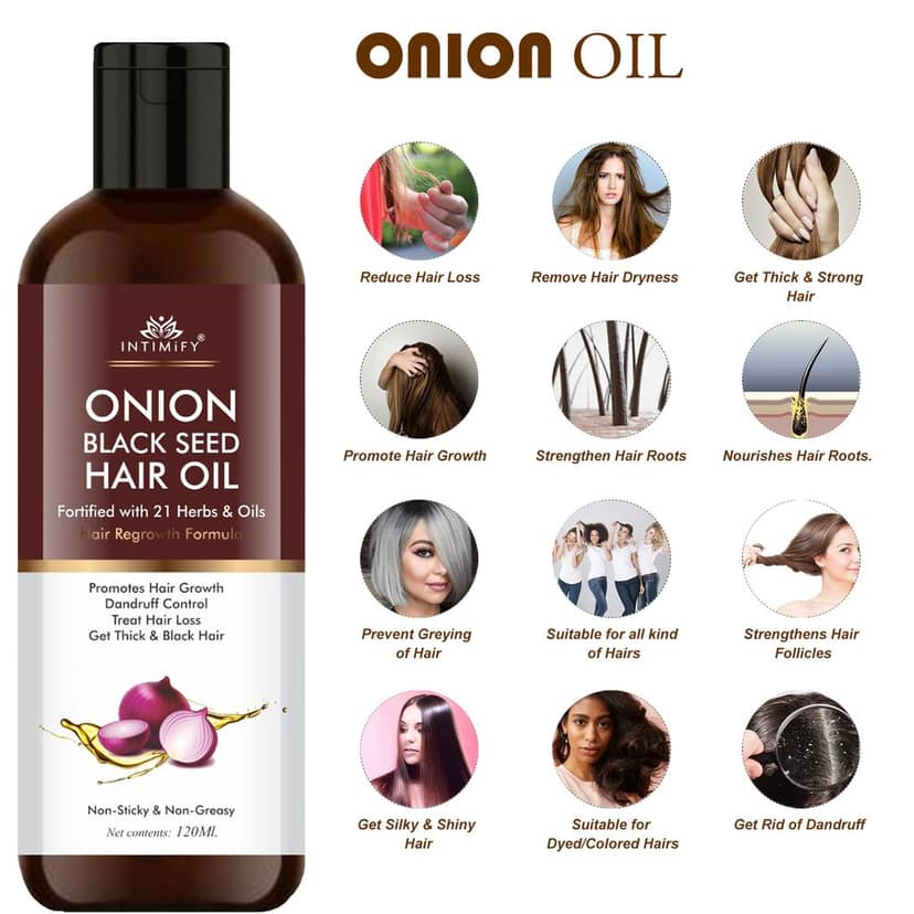 Intimify onion oil, anti dandruff oil, herbal oil, hair fall oil, red onion oil, ayurvedic oil, onion hair oil, hair growth onion oil, hair growth oil view 3