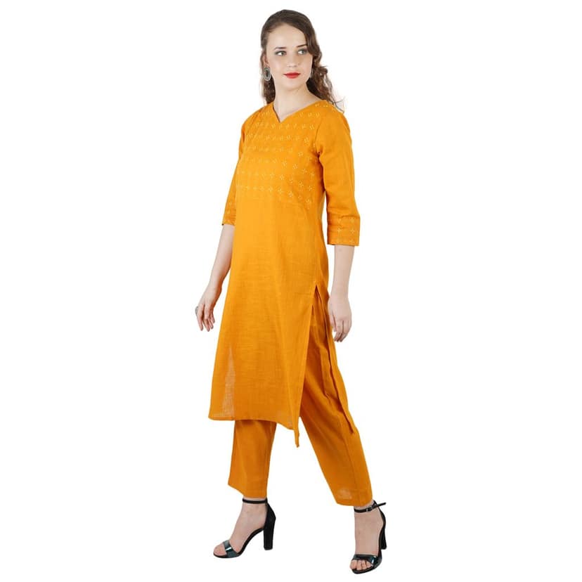 Yellow Hand Embroidered Cotton Kurti Pant Set view 2