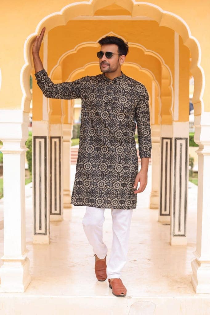 Cotton Designer Men'S Kurta Bagru Printed Hand Printed Brown Color (Size: 38-44)-5646