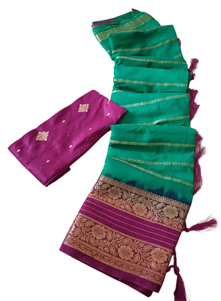 Green & Purple Silk Saree with Floral Border