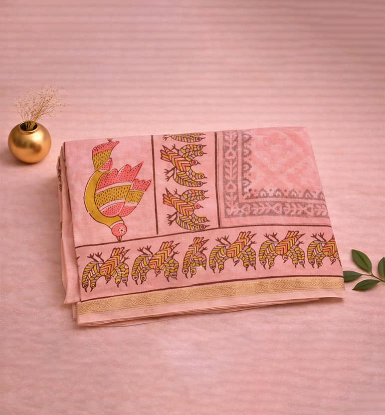 Gond Art Block Print Maheshwari Saree – Heritage Tribal Motif