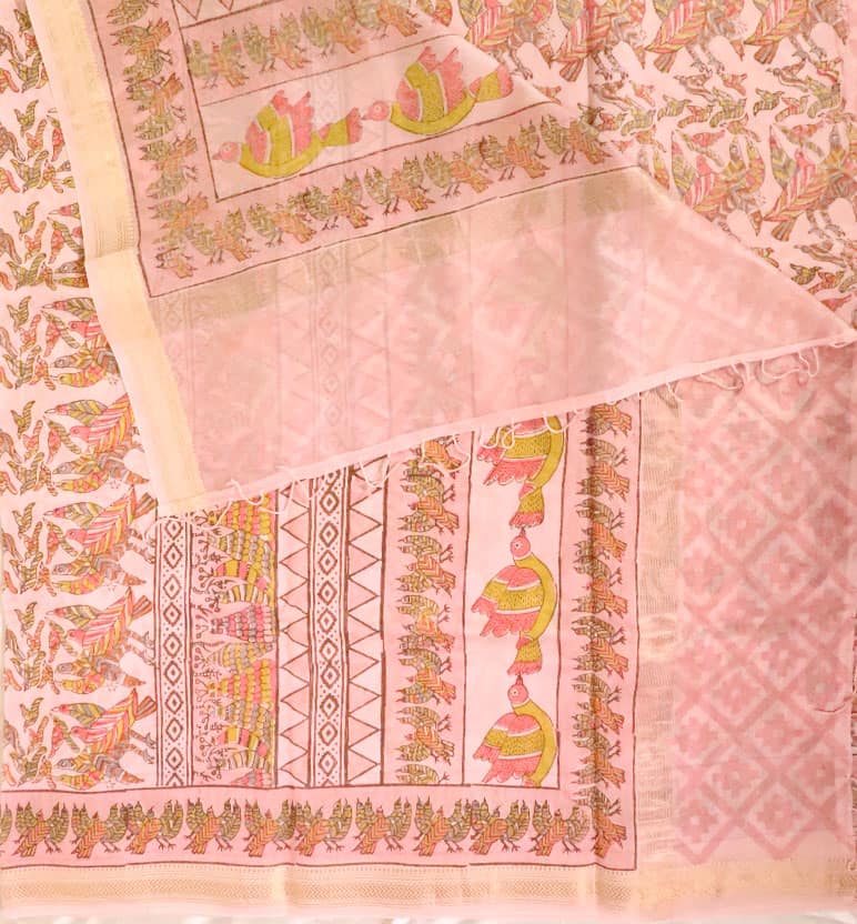 Gond Art Block Print Maheshwari Saree – Heritage Tribal Motif view 3