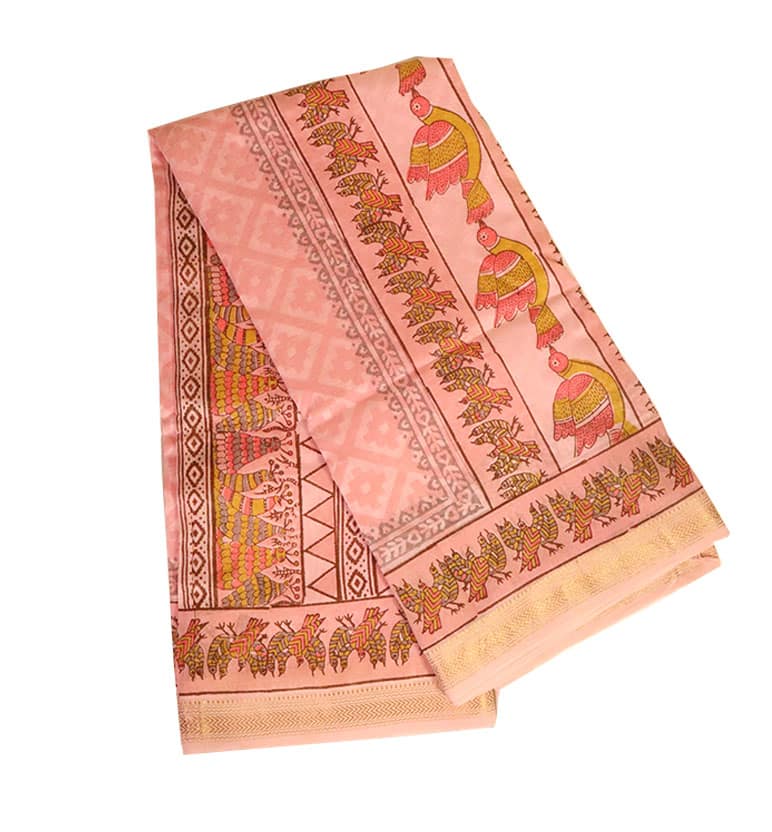 Gond Art Block Print Maheshwari Saree – Heritage Tribal Motif view 4