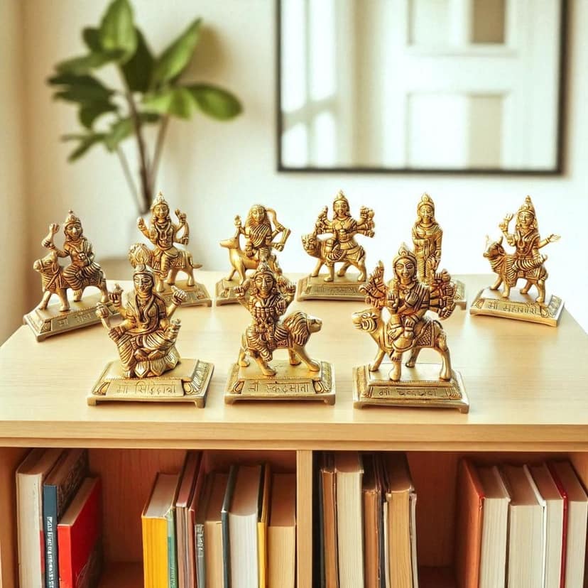 Brass Nau Durga Statue ? Nine Forms of Goddess Durga Brass Showpiece, Height : 5 Inch (BSMAS1271 E)