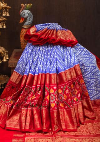 Blue Ikkat Patola Kanjivaram Fusion Silk Saree with Panel design and wide zari border |SILK MARK CERTIFIED