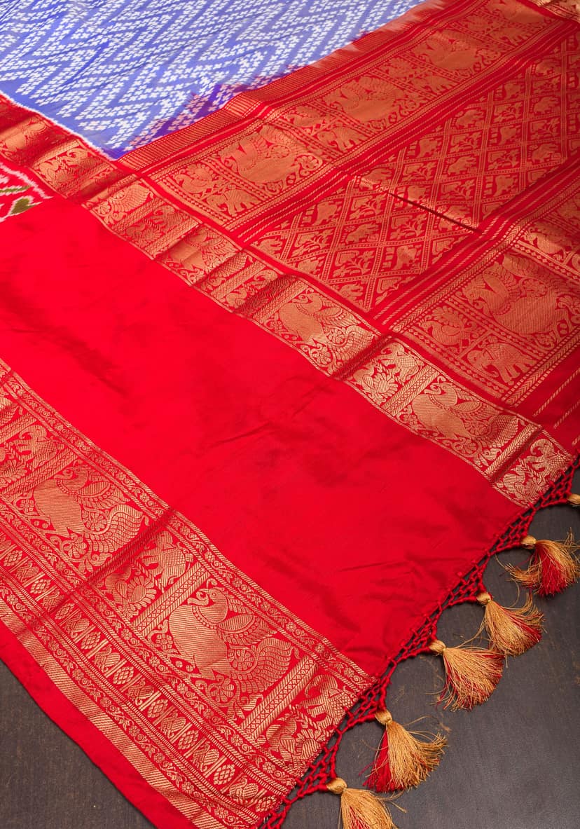 Blue Ikkat Patola Kanjivaram Fusion Silk Saree with Panel design and wide zari border |SILK MARK CERTIFIED view 5