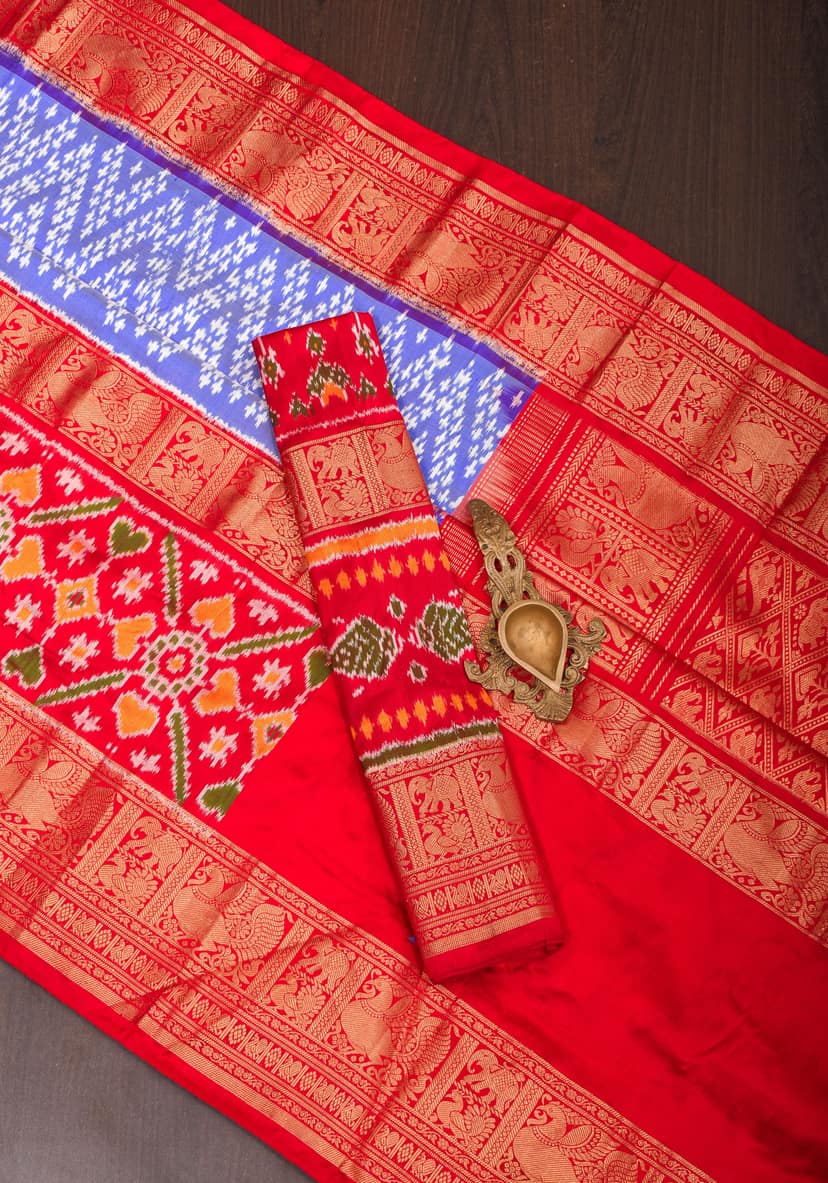 Blue Ikkat Patola Kanjivaram Fusion Silk Saree with Panel design and wide zari border |SILK MARK CERTIFIED view 6