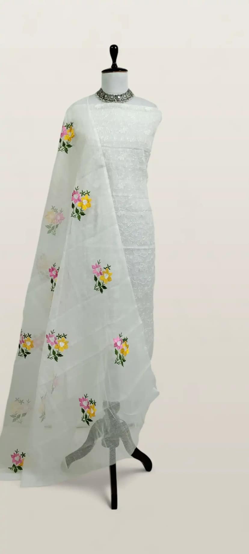 Kota Doria Dress Material White Floral Jaal