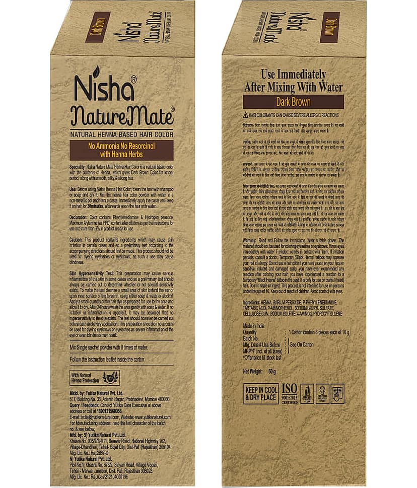 Nisha Nature Mate Henna Based Hair Colour Dark Brown 60g, No Ammonia, No Resorcinol, 100% Grey Coverage with Henna Herbs view 2