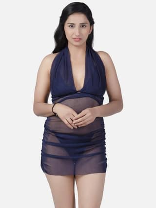 Sheer Net Hot Navy Blue Babydoll Bikini Night Dress for Honeymoon K12N