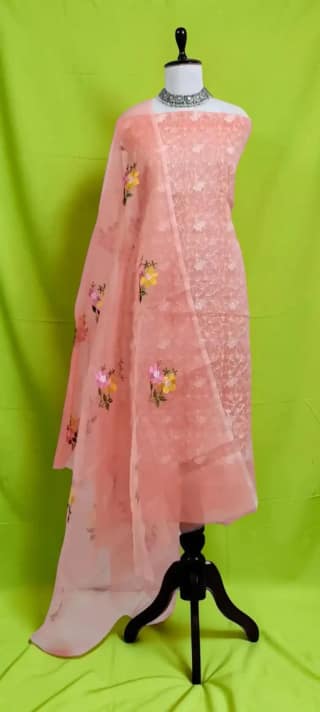 Handwoven Kota Doria Dress Material with Gota Patti Floral Embroidery