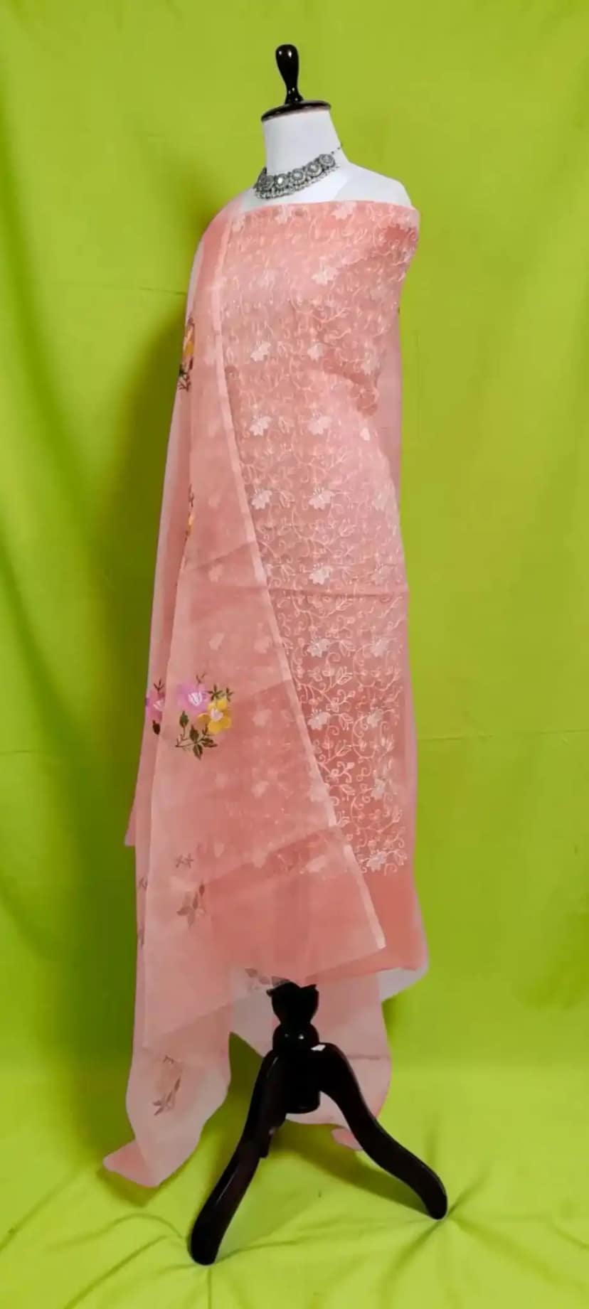 Handwoven Kota Doria Dress Material with Gota Patti Floral Embroidery view 2