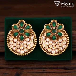 Vivastri Traditional Alloy Pearl Gold Plated Stud Earrings for Women & Girls [VIVA2569ERG-GREEN]