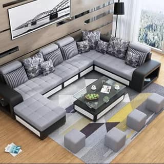 Starlet Furniture U Shape 9 Seater Fabric Sofa Set with Tea Table & 4 Puffy 9 (Gray and Black)