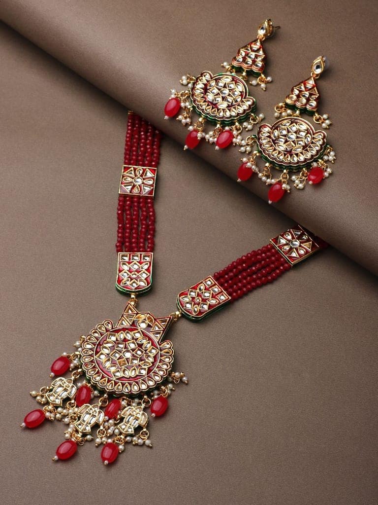 Cardinal Maroon Color Minakari Kundan Long Ranihaar Gold Plated Necklace Chain view 2