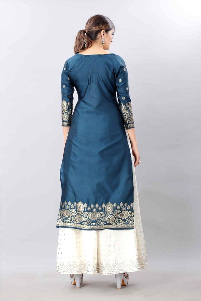 Blue-God Toned Unstitched Woven Design Dress Material view 2
