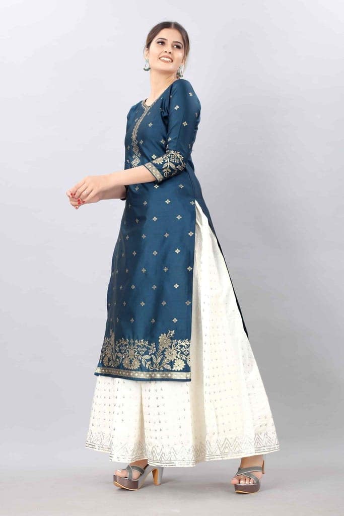 Blue-God Toned Unstitched Woven Design Dress Material view 3