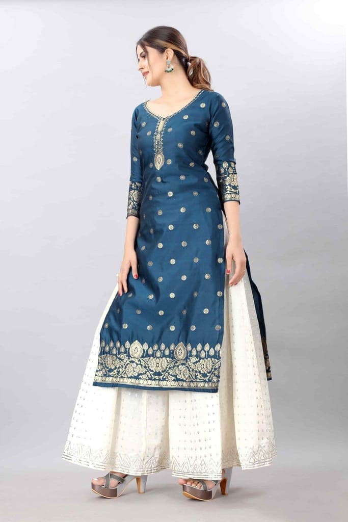 Blue-God Toned Unstitched Woven Design Dress Material view 4