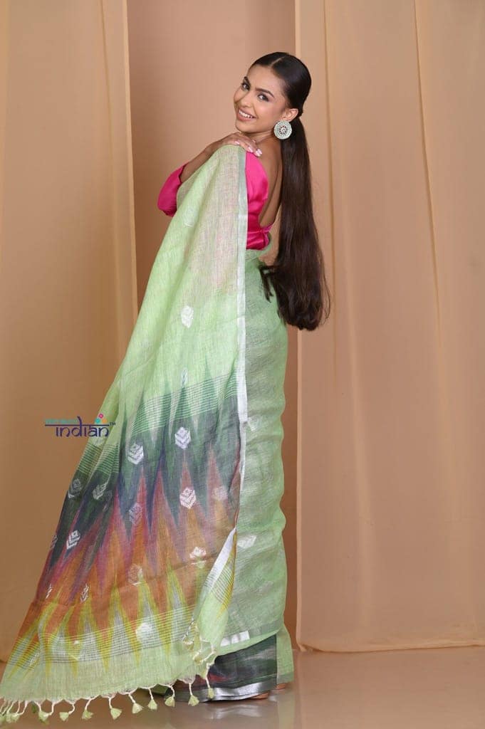 Pehal~ Sweet Leaf Green High Thread Count Organic Linen with Multicolor Ikkat Pallu