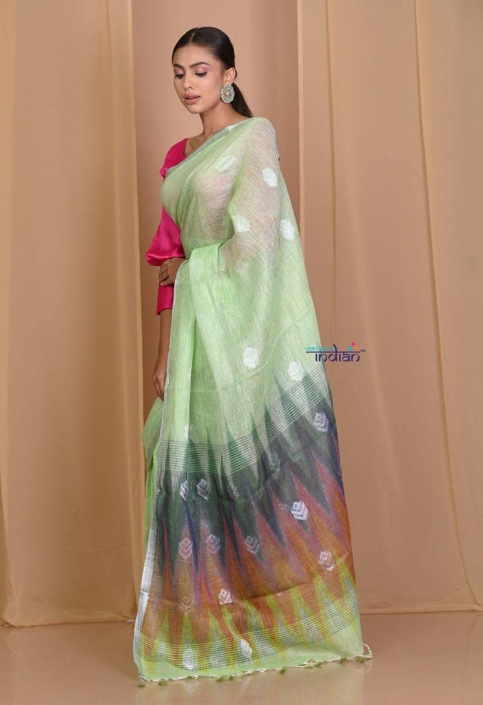 Pehal~ Sweet Leaf Green High Thread Count Organic Linen with Multicolor Ikkat Pallu view 3