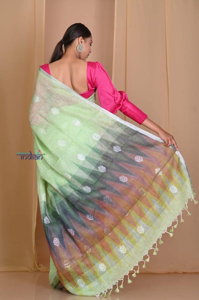 Pehal~ Sweet Leaf Green High Thread Count Organic Linen with Multicolor Ikkat Pallu view 4