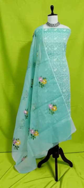 Handwoven Kota Doria Dress Material, Teal Green with Floral Gota Patti