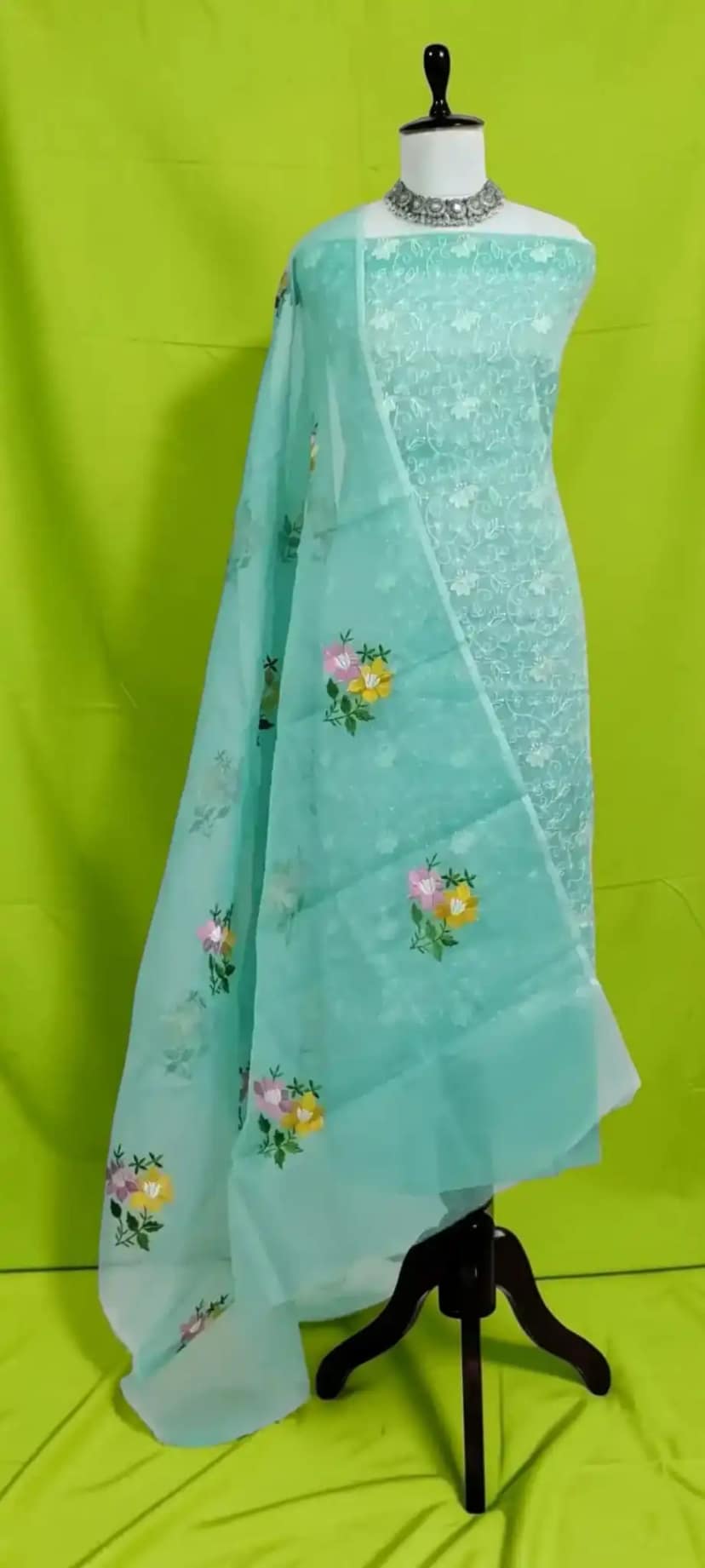 Handwoven Kota Doria Dress Material, Teal Green with Floral Gota Patti